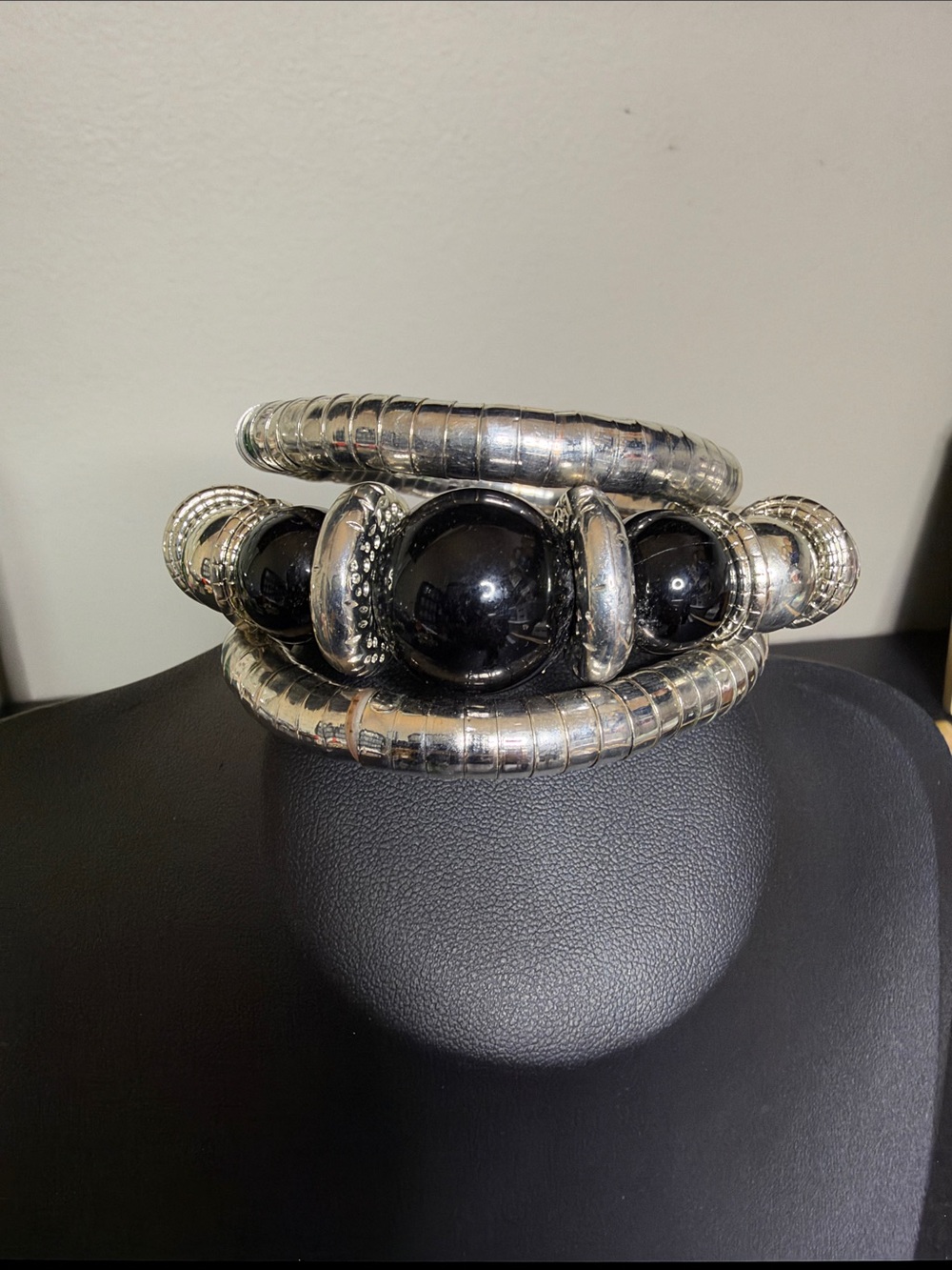 Chunky Wrap Silver Black Beaded Statement Bracelet Trendy Fashion Jewelry